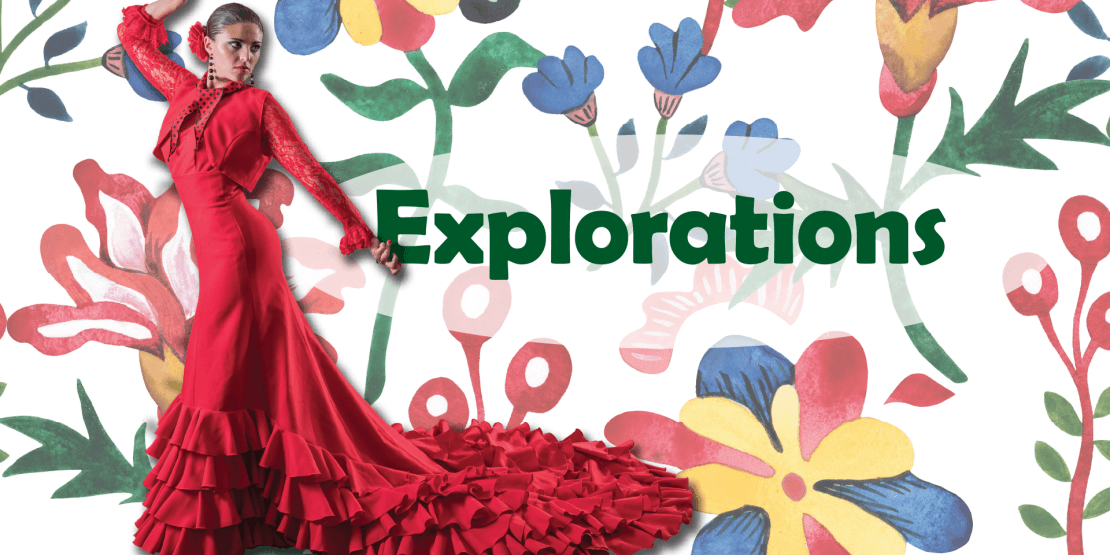 Woman in red ruffly dress dancing with the word "Explorations" and flowers in the background